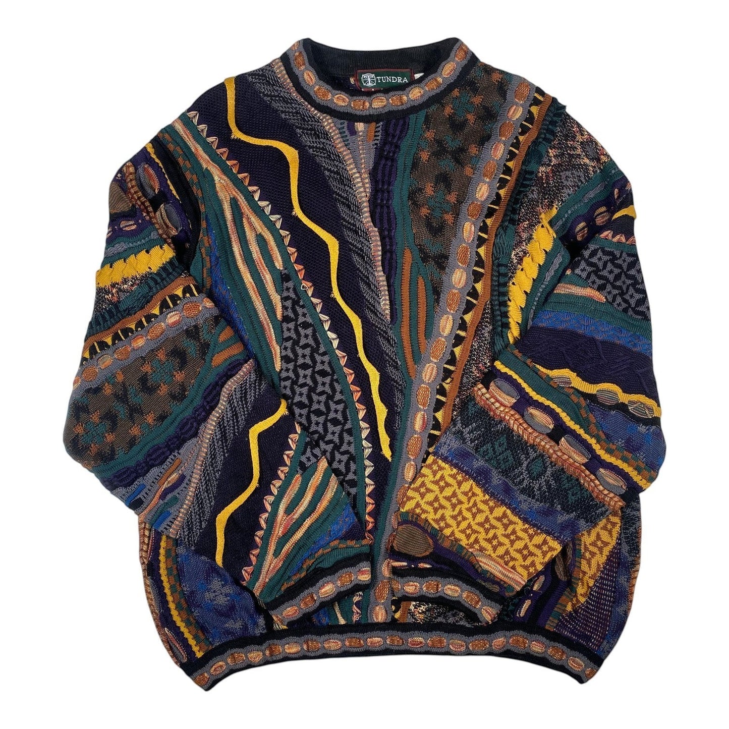 Digg It Thrift & Vintage Tundra Canada multi-pattern knit crewneck sweater in bold, colorful textured wool blend.