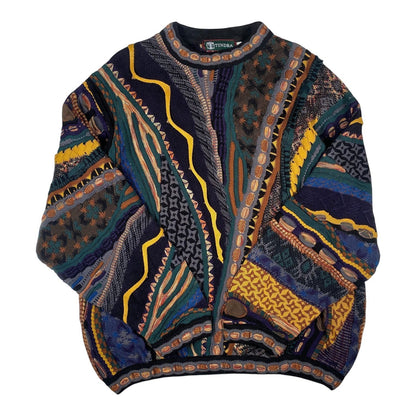 Digg It Thrift & Vintage Tundra Canada multi-pattern knit crewneck sweater in bold, colorful textured wool blend.