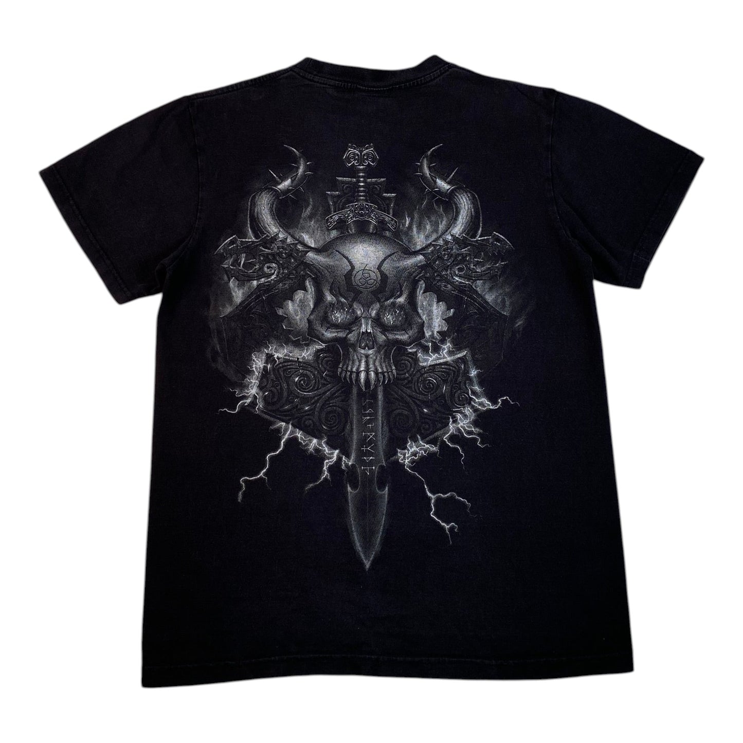 Digg It Thrift & Vintage black t-shirt featuring a detailed Viking skull and runed dagger graphic on the back.