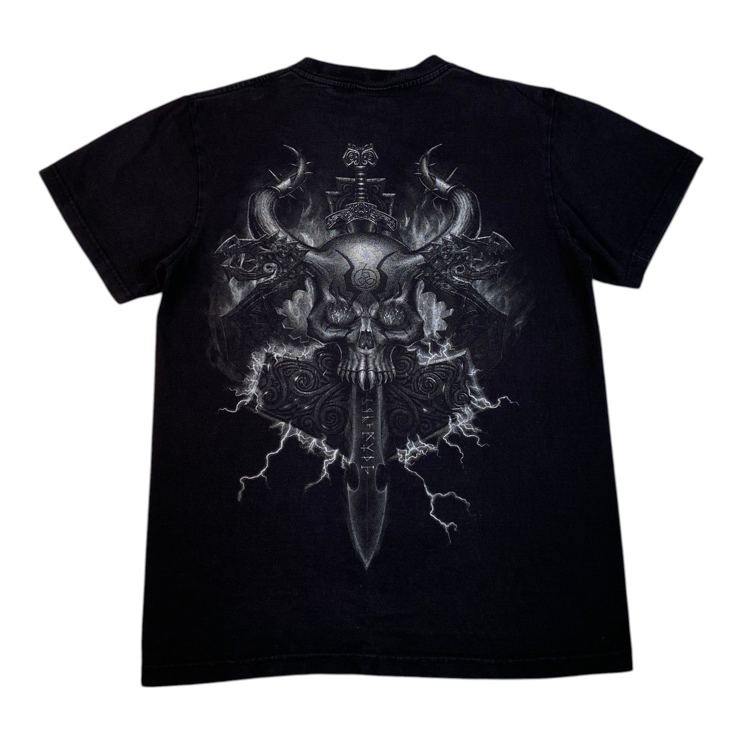 Digg It Thrift & Vintage black t-shirt featuring a detailed Viking skull and runed dagger graphic on the back.