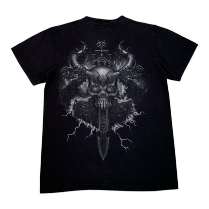 Digg It Thrift & Vintage black t-shirt featuring a detailed Viking skull and runed dagger graphic on the back.