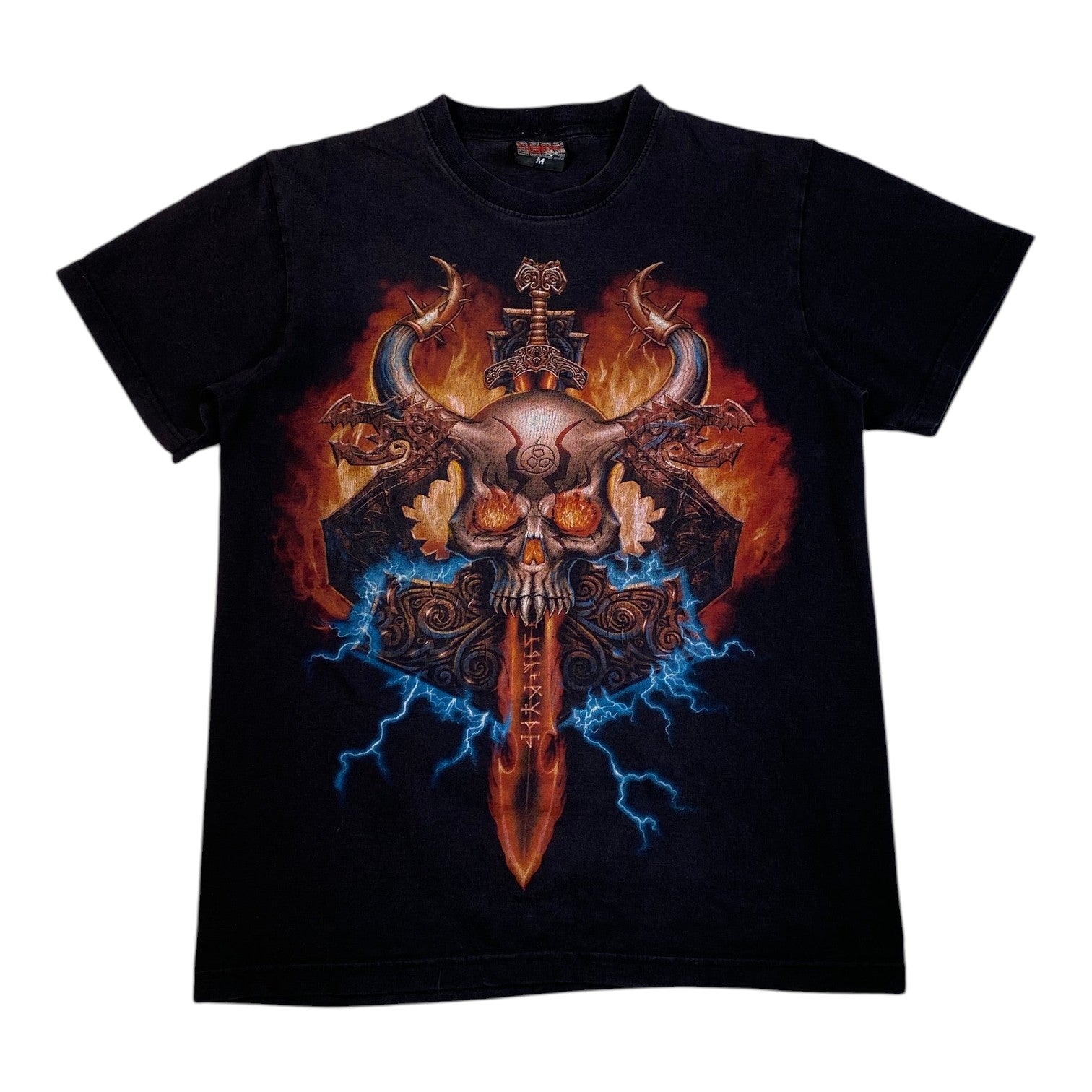 Digg It Thrift & Vintage black t-shirt featuring a flaming Viking skull and runed dagger graphic print