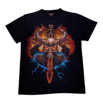 Digg It Thrift & Vintage black t-shirt featuring a flaming Viking skull and runed dagger graphic print