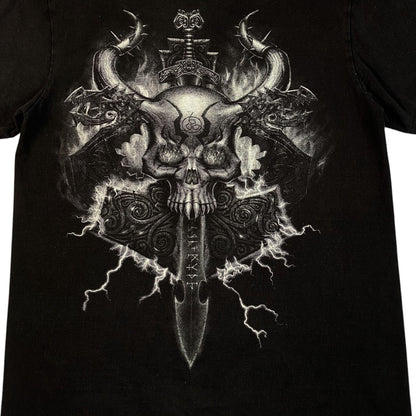 Digg It Thrift & Vintage black t-shirt featuring a detailed Viking skull, runed dagger, and lightning graphic print.