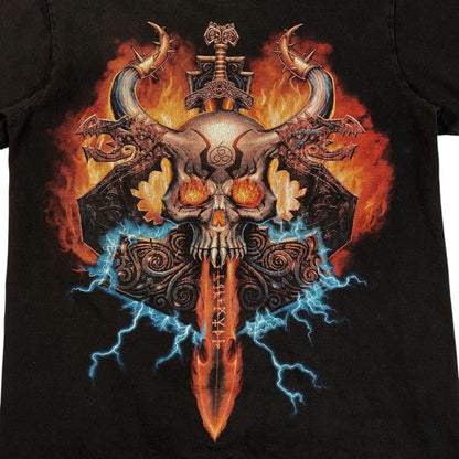 Digg It Thrift & Vintage black t-shirt featuring a flaming Viking skull, runed dagger, and blue lightning graphic.