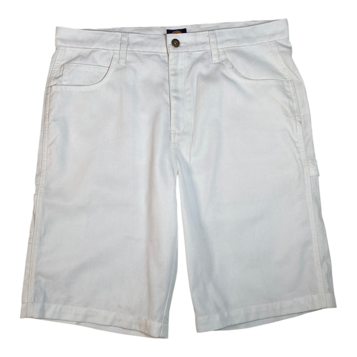 Digg It Thrift & Vintage white canvas utility carpenter shorts with a button fly and side pockets.