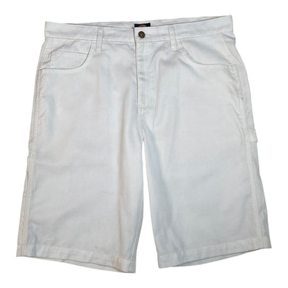 Digg It Thrift & Vintage white canvas utility carpenter shorts with a button fly and side pockets.