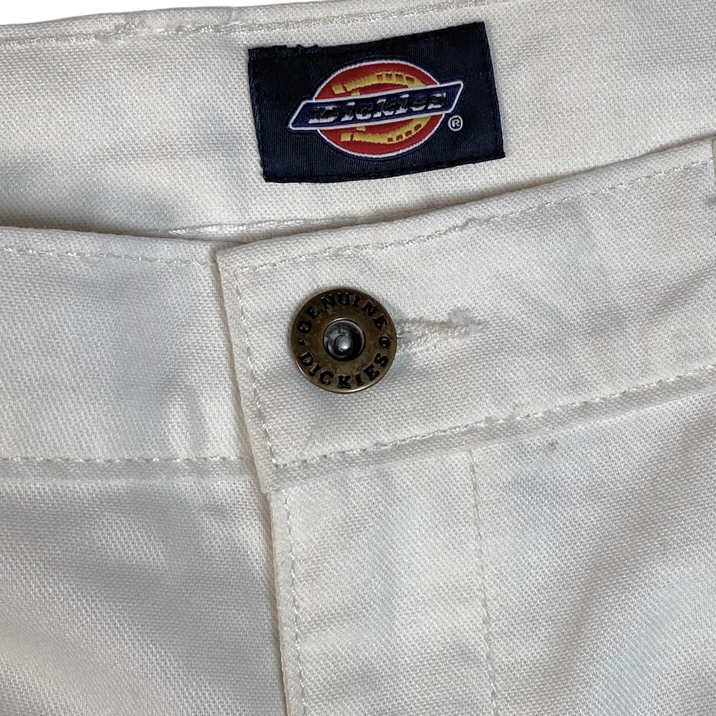 Digg It Thrift & Vintage white canvas utility carpenter shorts featuring a branded Dickies button and woven label