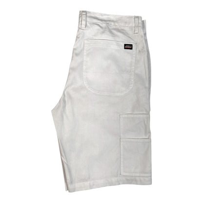 Digg It Thrift & Vintage white canvas utility carpenter shorts with back pocket and Dickies brand label