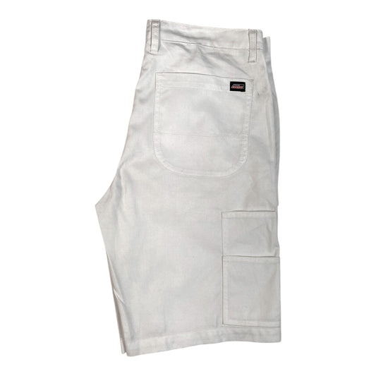 Digg It Thrift & Vintage white canvas utility carpenter shorts with back pocket and Dickies brand label