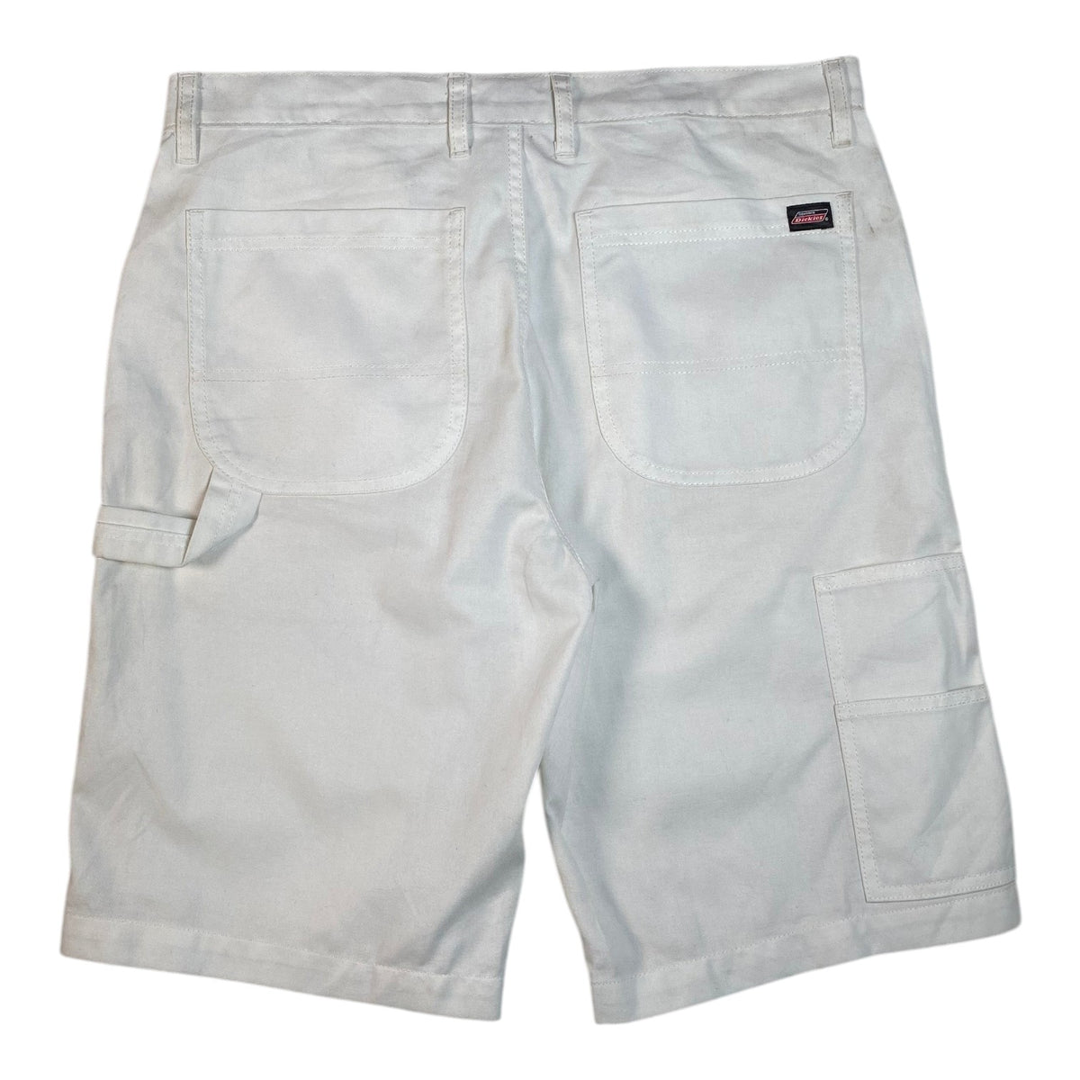 Digg It Thrift & Vintage white canvas utility carpenter shorts with back pockets and Dickies logo tag