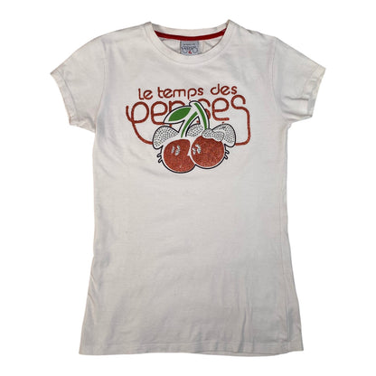 Digg It Thrift & Vintage white Le Temps des Cerises t-shirt with a glittery red cherry graphic and logo print