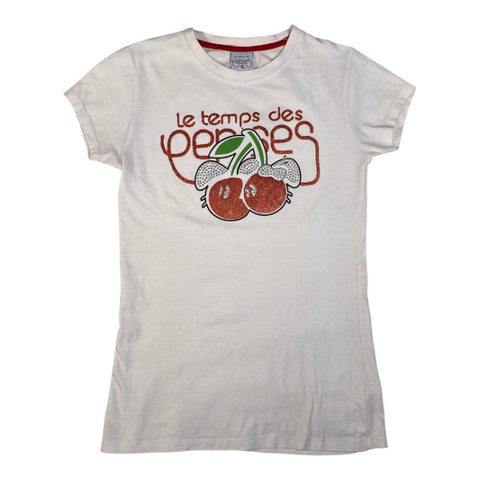 Digg It Thrift & Vintage white Le Temps des Cerises t-shirt with a glittery red cherry graphic and logo print