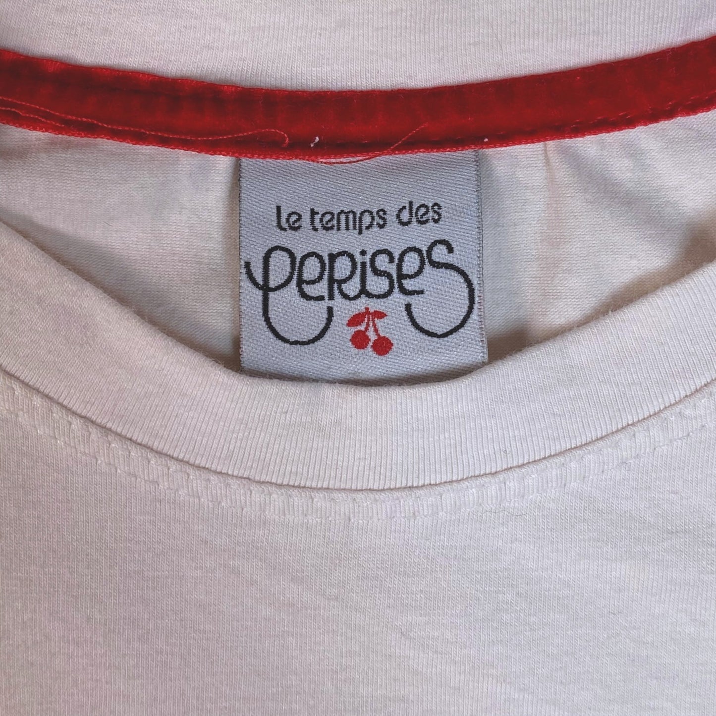 Digg It Thrift & Vintage white Le Temps des Cerises t-shirt with red collar trim and cherry brand label