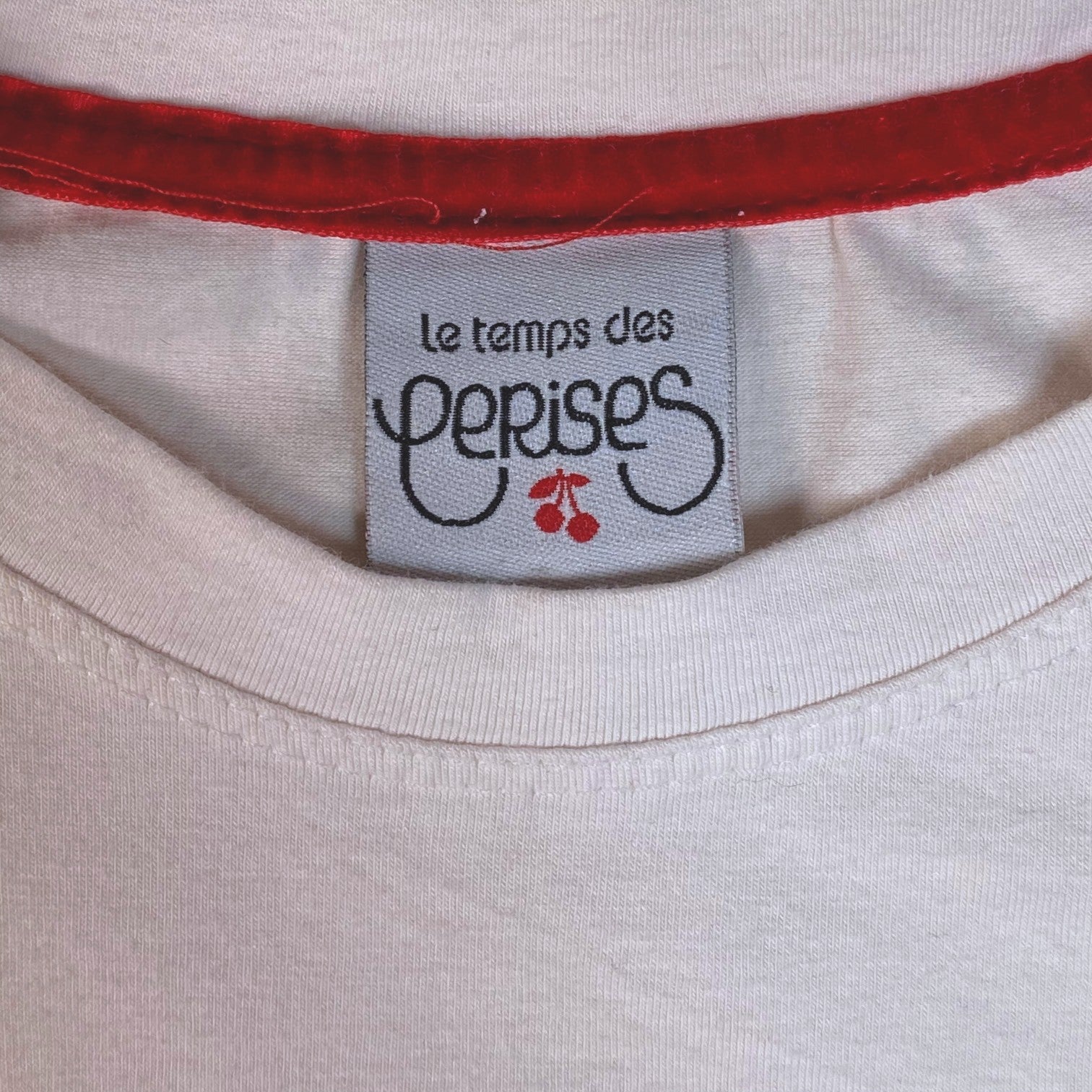 Digg It Thrift & Vintage white Le Temps des Cerises t-shirt with red collar trim and cherry brand label