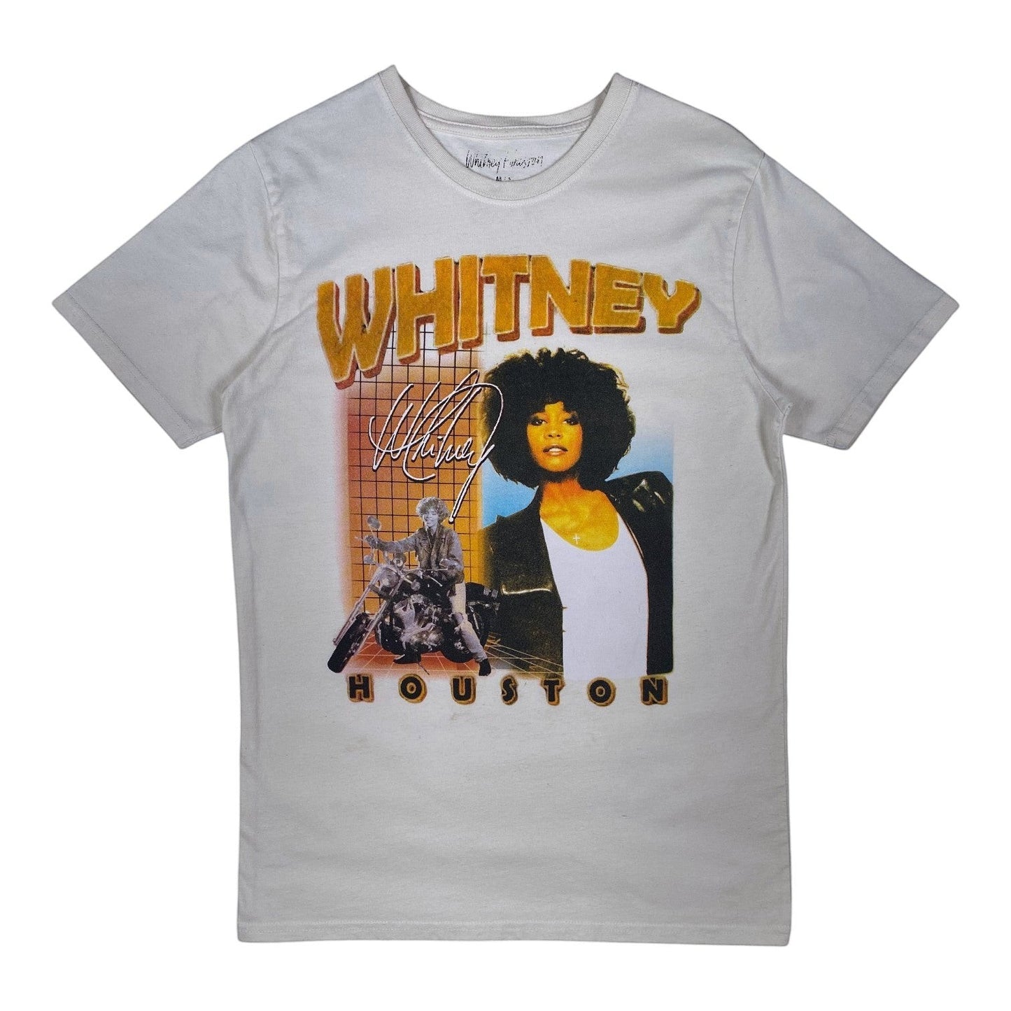 Digg It Thrift & Vintage white Whitney Houston graphic t-shirt featuring a portrait and motorcycle print