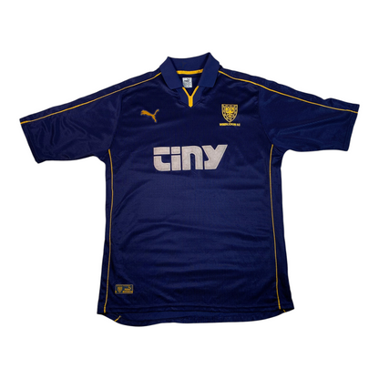 Digg It Thrift & Vintage 1999-2000 Wimbledon FC home football shirt in navy blue with yellow trim and sponsor logo