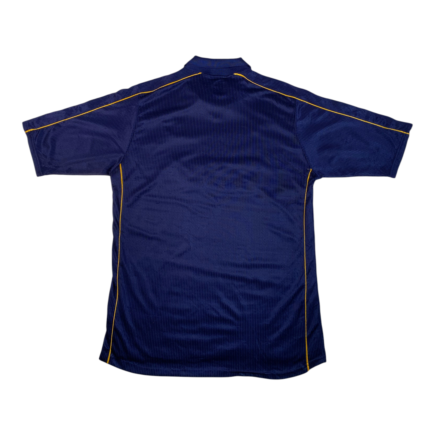 Back view of a vintage 1999-2000 Digg It Thrift & Vintage Puma Wimbledon FC navy blue football shirt with gold trim.