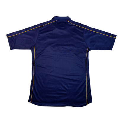 Back view of a vintage 1999-2000 Digg It Thrift & Vintage Puma Wimbledon FC navy blue football shirt with gold trim.