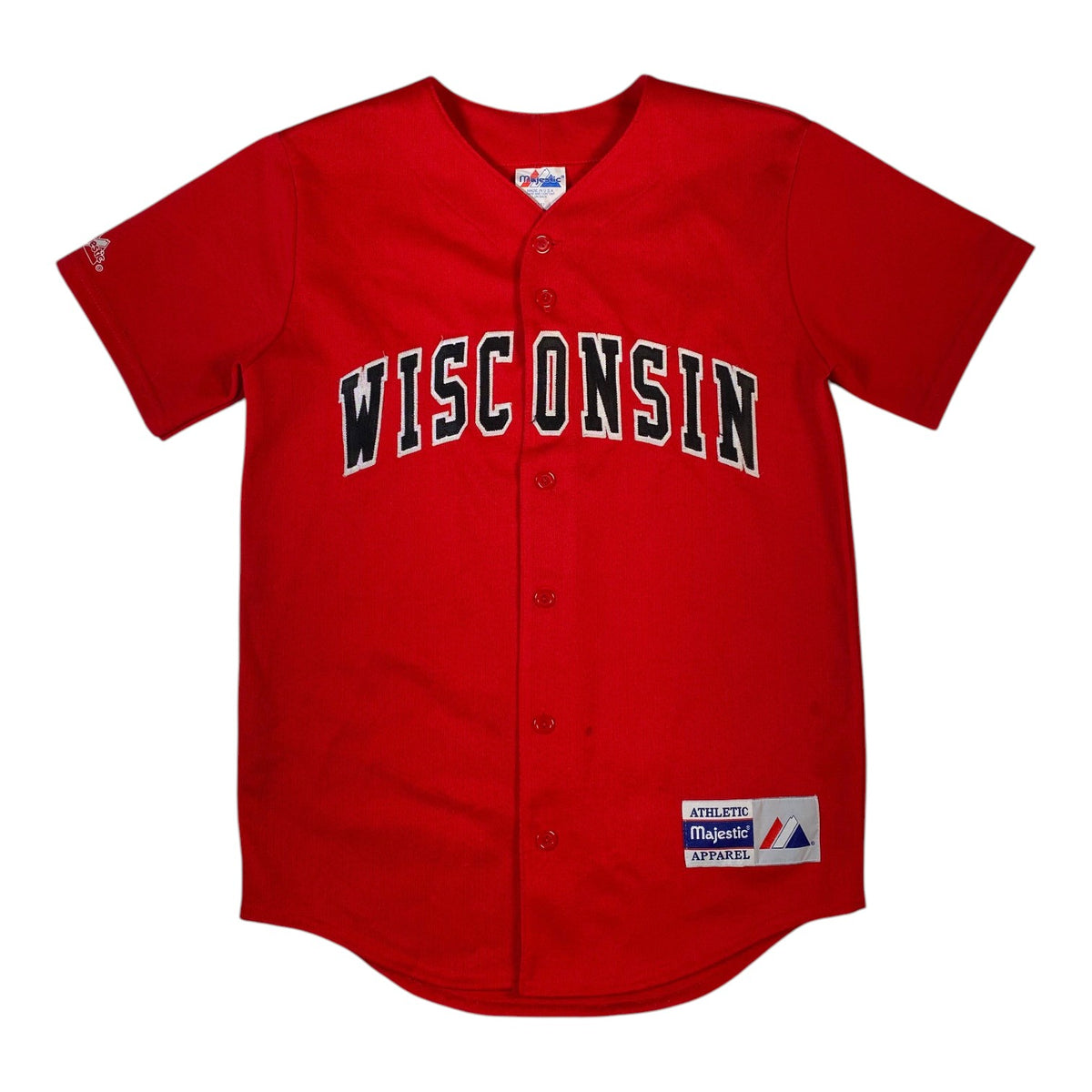 Digg It Thrift & Vintage red Wisconsin Badgers baseball jersey with black and white lettering, size small fit