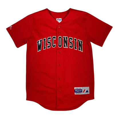 Digg It Thrift & Vintage red Wisconsin Badgers baseball jersey with black and white lettering, size small fit