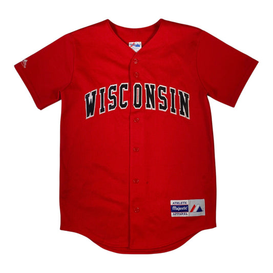 Digg It Thrift & Vintage red Wisconsin Badgers baseball jersey with black and white lettering, size small fit