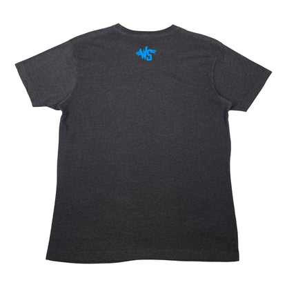 Back view of a Digg It Thrift & Vintage charcoal grey Wyld Stallyns t-shirt with a small blue logo on the neck.