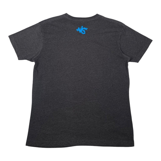 Back view of a Digg It Thrift & Vintage charcoal grey Wyld Stallyns t-shirt with a small blue logo on the neck.