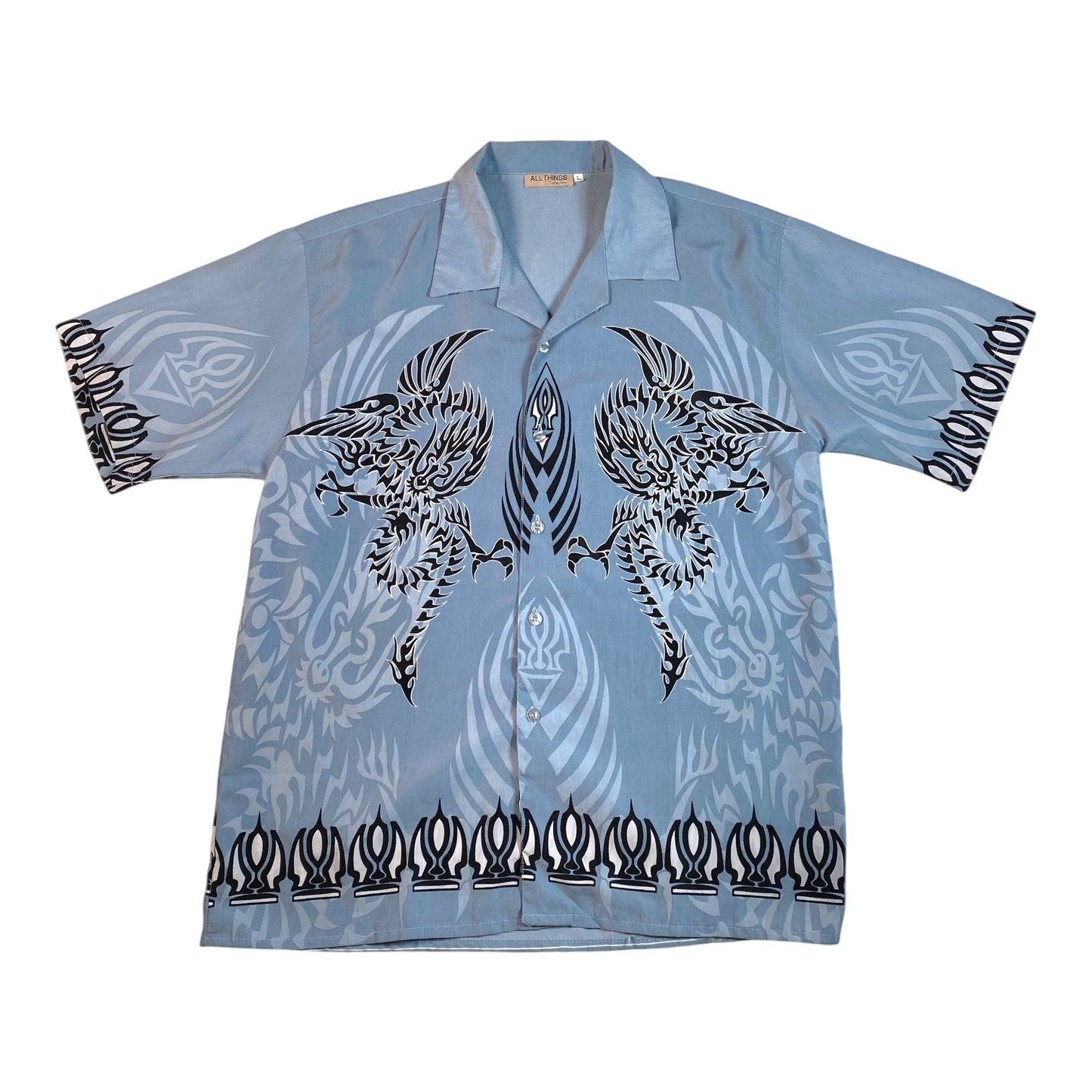 Digg It Thrift & Vintage Y2K light blue button-up shirt with black tribal dragon graphic print and camp collar