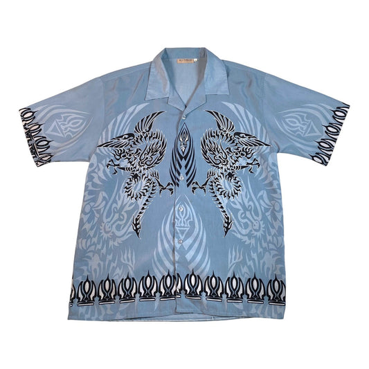 Digg It Thrift & Vintage Y2K light blue button-up shirt with black tribal dragon graphic print and camp collar