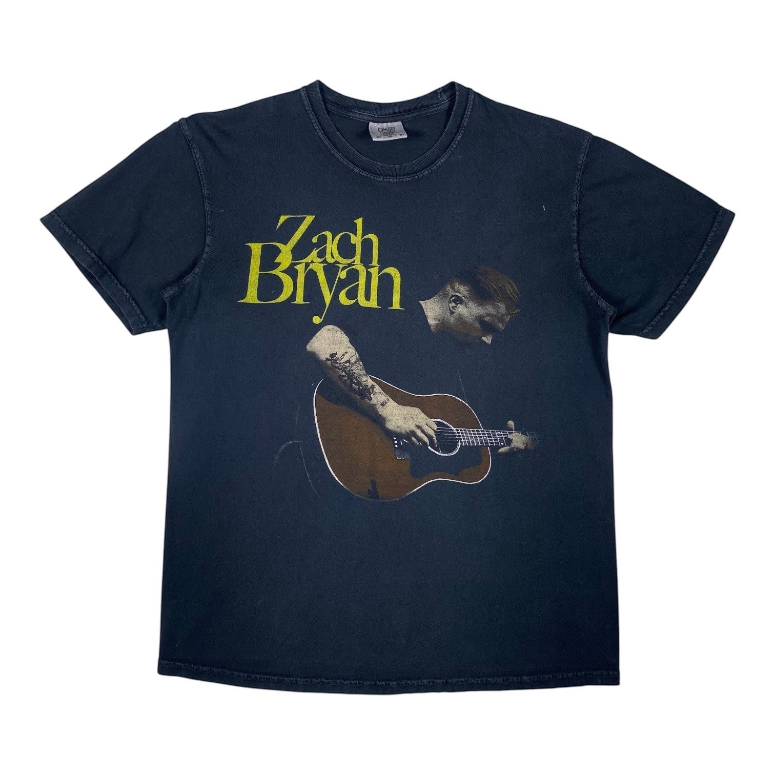 Digg It Thrift & Vintage black cotton t-shirt featuring a graphic print of Zach Bryan playing an acoustic guitar