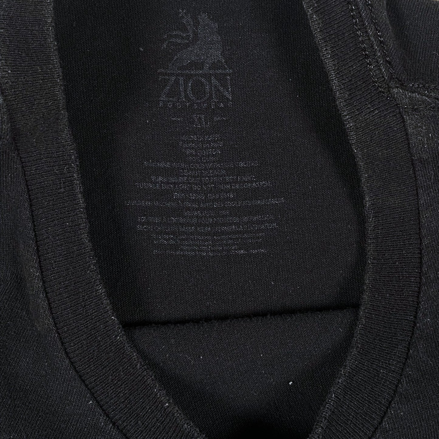 Digg It Thrift & Vintage black Zion Rootswear t-shirt neck label with size XL print