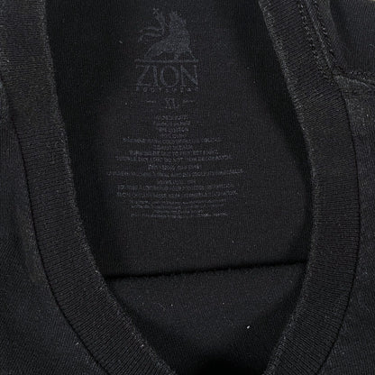 Digg It Thrift & Vintage black Zion Rootswear t-shirt neck label with size XL print