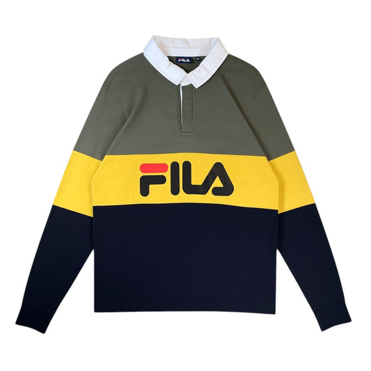 Digg It Thrift & Vintage Fila colorblock long sleeve rugby polo shirt in green, yellow, and black with white collar. Fits like a large.