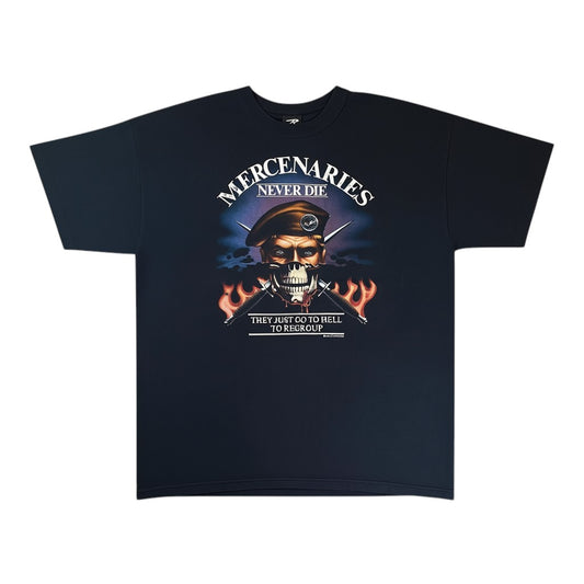 Digg It Vintage 1988 Mercenaries Never Die black graphic tee with skull, beret, and flames. Fits like L.
