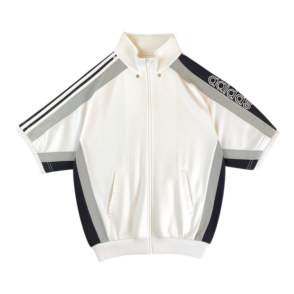 Digg It Thrift & Vintage Adidas Originals vintage white, black, and grey colorblock half sleeve track jacket with zip closure and Adidas logo on sleeve.
