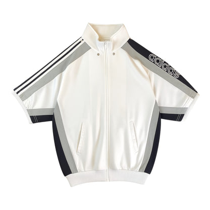 Digg It Thrift & Vintage Adidas Originals vintage white, black, and grey colorblock half sleeve track jacket with zip closure and Adidas logo on sleeve.