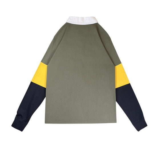 Digg It Thrift & Vintage Fila colorblock long sleeve polo shirt in green, yellow, and black. White collar. Fits like a Large.